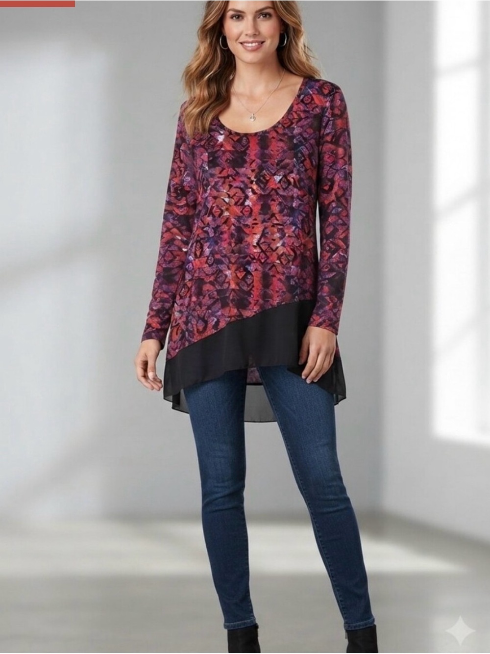 Cupio Purple and Black Printed Scoop-Neck Tunic